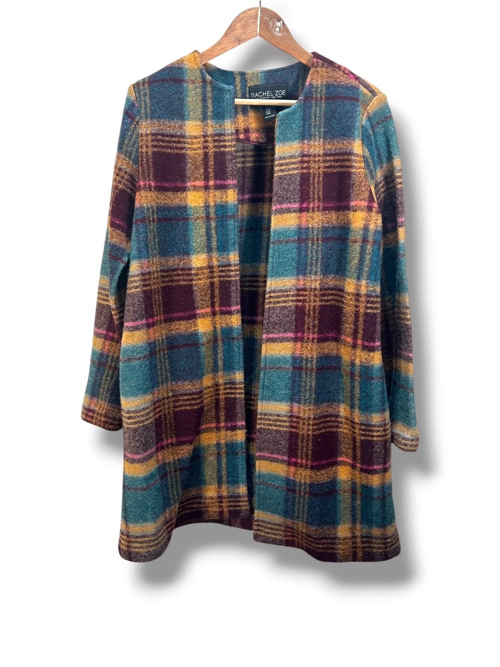 Rachel Zoe Teal Plaid Open-Front Wool Blend Coatigan Size Medium